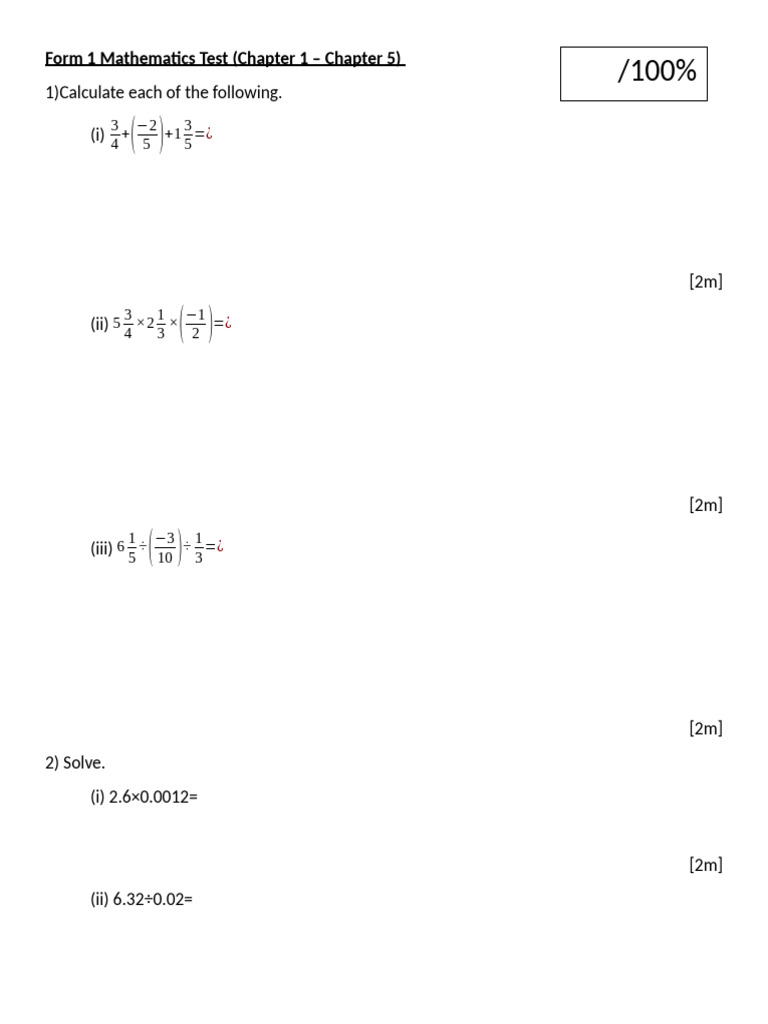 Form 1 Mathematics Test | PDF