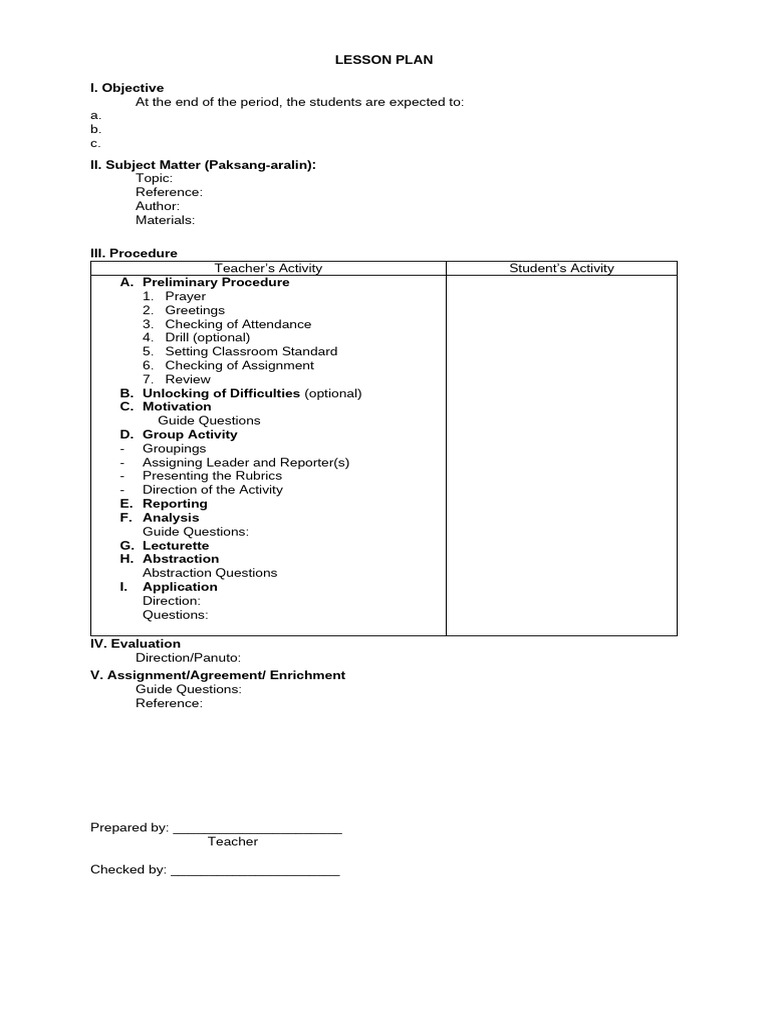 4As Lesson Plan Outline (1) | PDF
