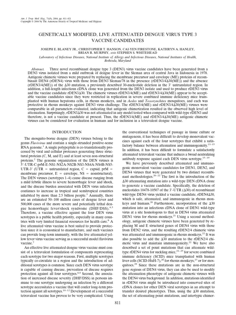Genetically Modified, Live Attenuated Dengue Virus Type 3 | PDF ...