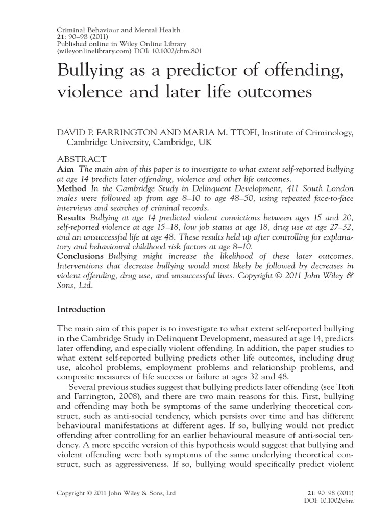 Bullying as predictor of offending violence and later life outcomes | PDF