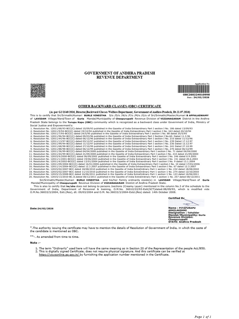 Central OBC Certificate_OBC260224010998 | PDF | Government Of India | Chess