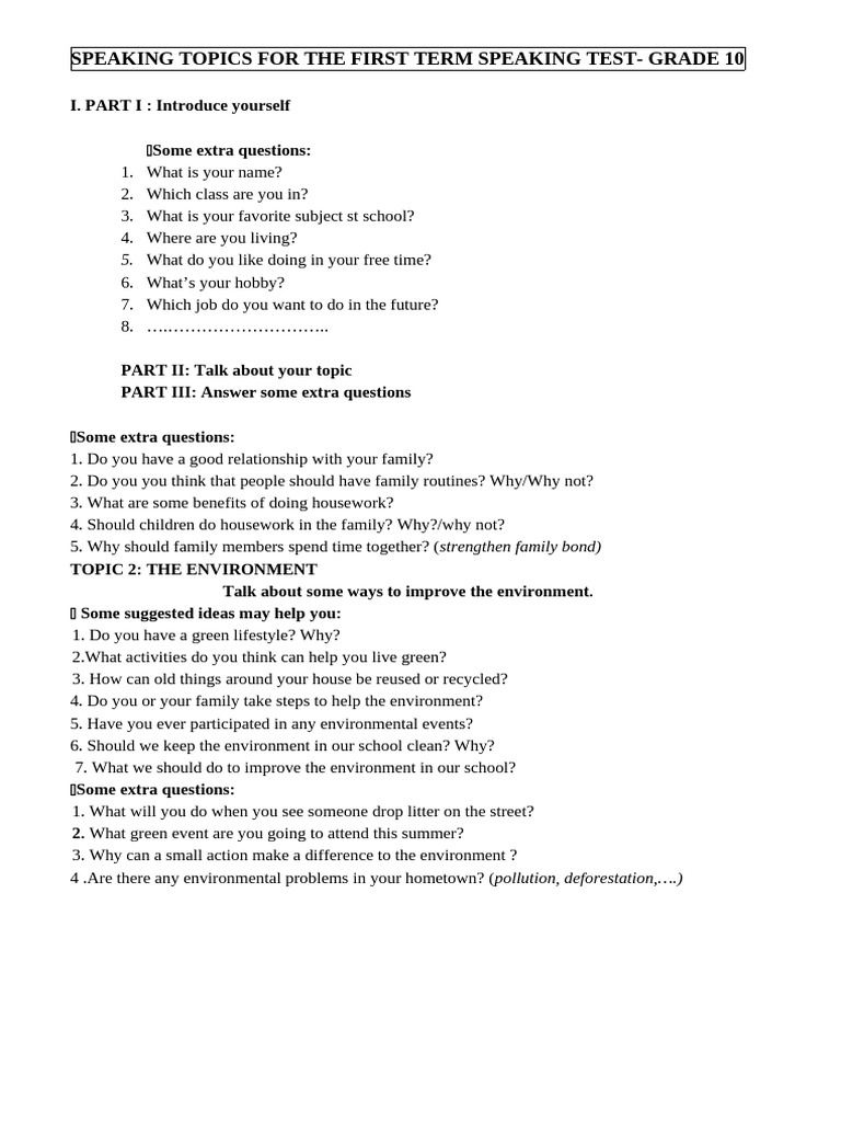 SPEAKING TOPICS FOR THE FIRST TERM SPEAKING TEST- E10 | PDF | Natural ...
