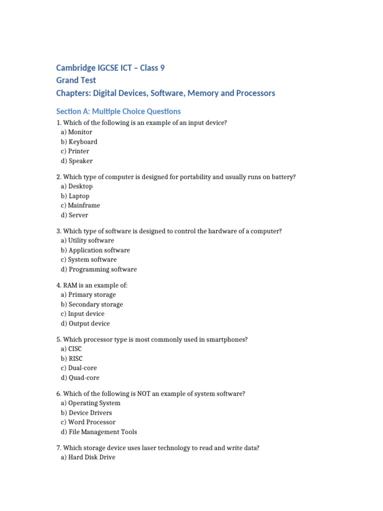 Cambridge IGCSE ICT Test DigitalDevices Software Memory | PDF ...