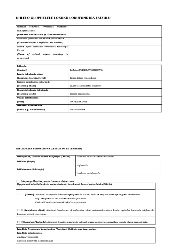 Isizulu Lesson Plan Template (Isiphawulo) | PDF | Education Theory ...