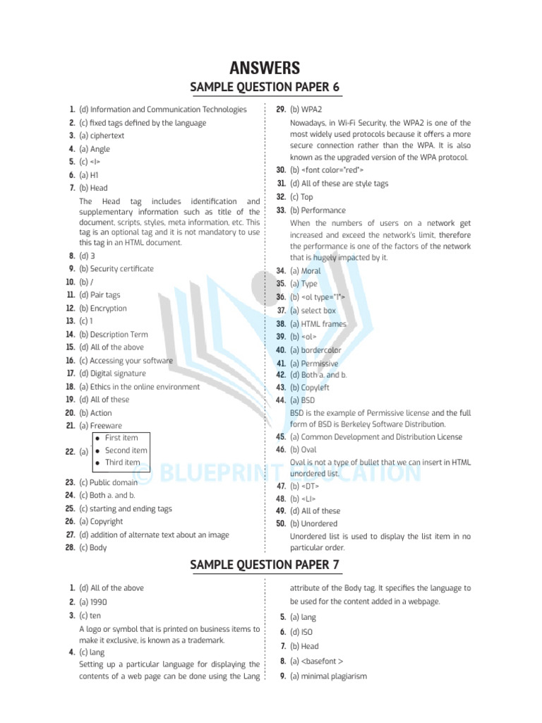 Answers of Sample Paper 6 to 12 CA 10 | PDF