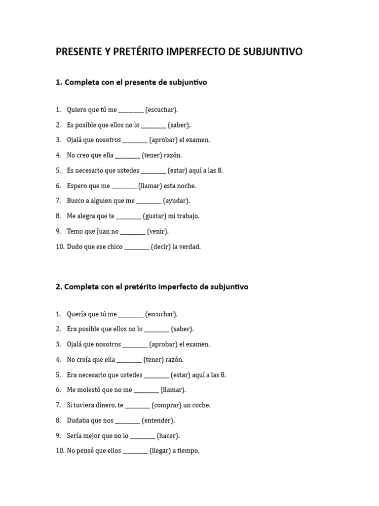 Ejercicios Presente vs Pretérito Imperfecto de Subjuntivo | PDF