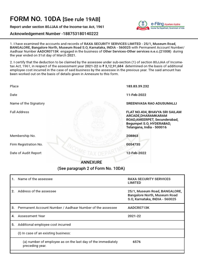 Form 10DA_Filed Form FY21-22 | PDF