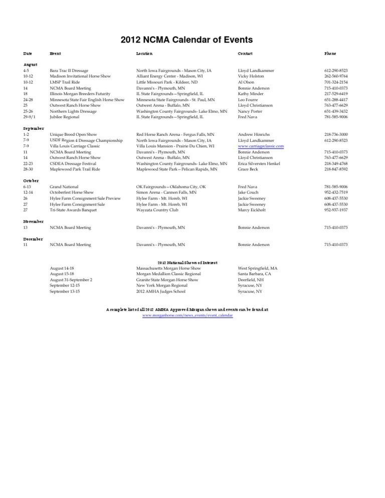 NCMA Event Calendar For Website August 2012 PDF Horses Dressage