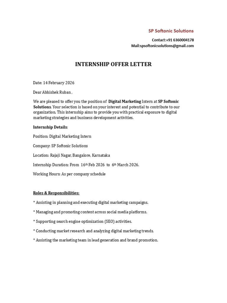 Abhishek SP Softonic Solutions Internship Offer Letter | PDF