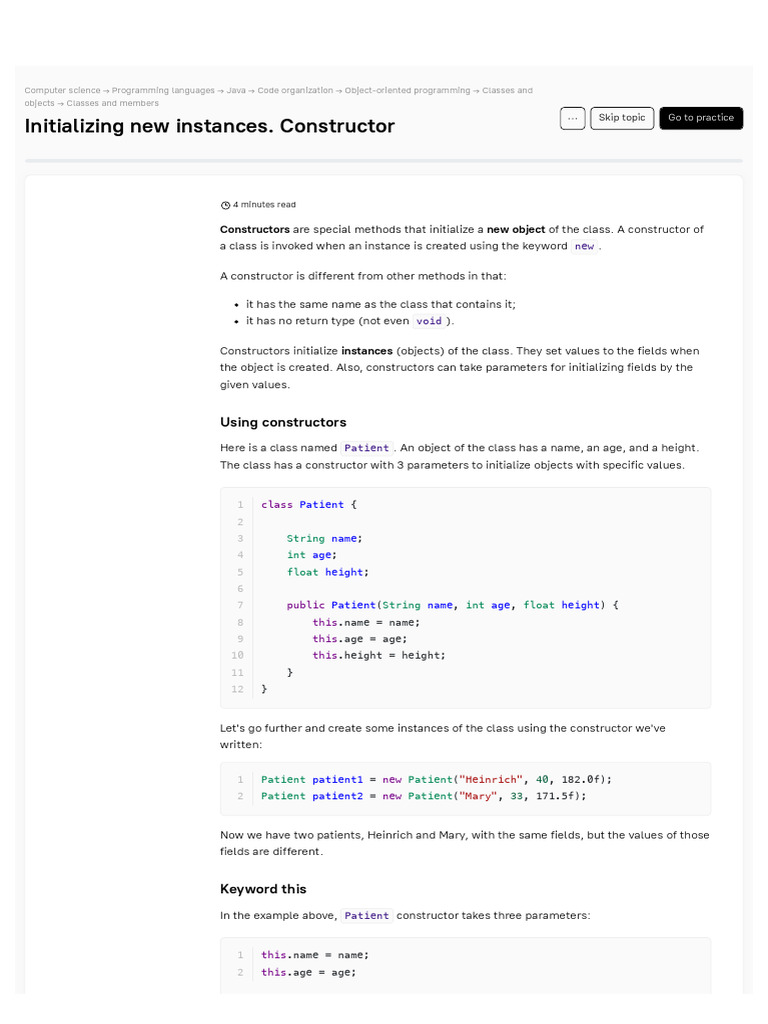 2. Initializing New Instances. Constructor · Hyperskill | PDF