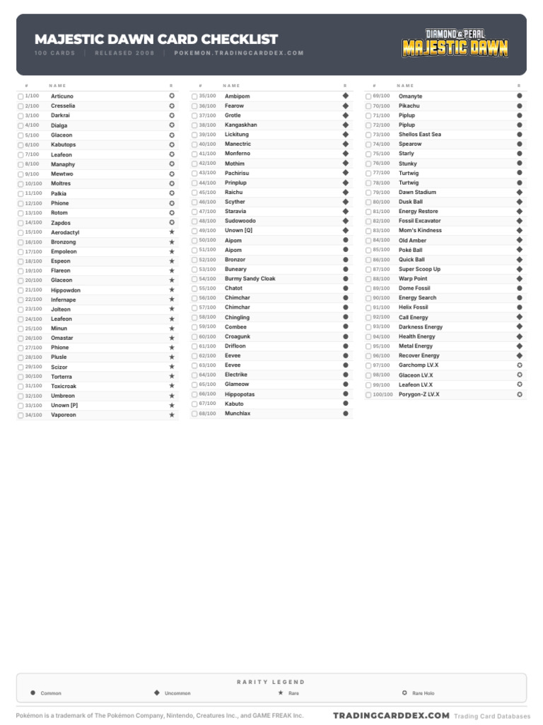 pokemon majestic dawn card list Diamond & Pearl: Pokemon Majestic Dawn Card Checklist