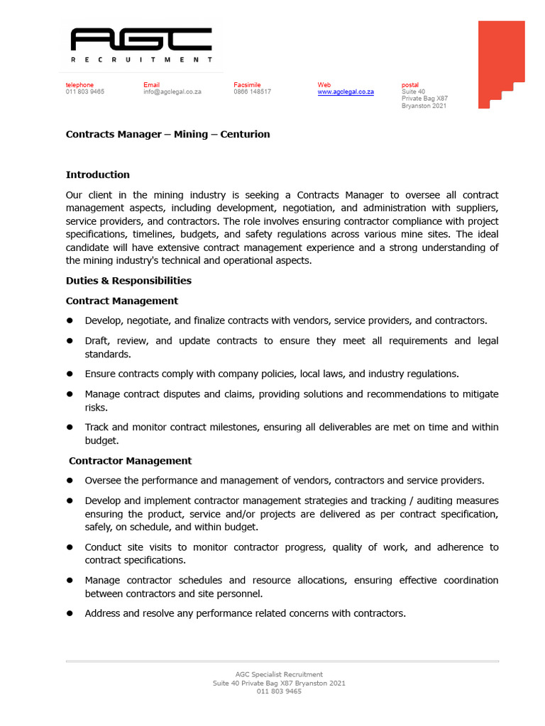 Contracts Manager - Mining Centurion | PDF