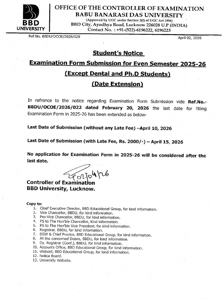 Student Notice Examination Form Submission Even Sem 2025-26 Date ...