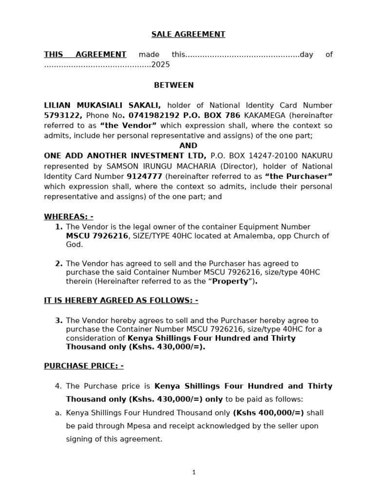 Agreement for Sale of Container | PDF