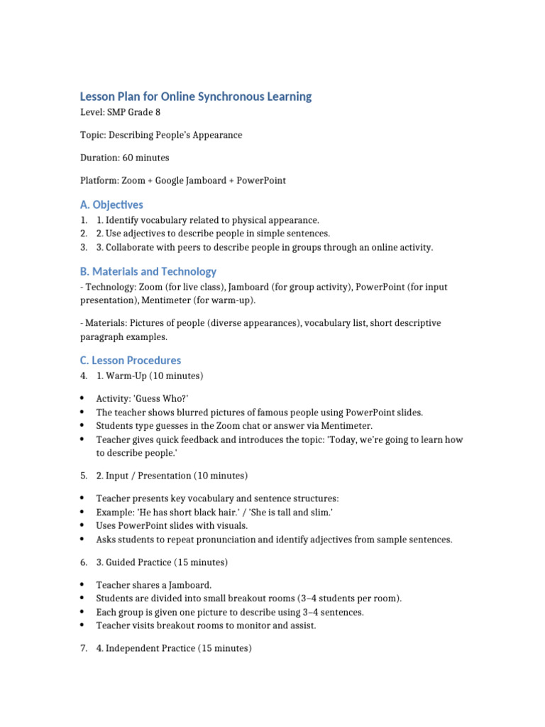 Lesson Plan Online Synchronous Learning | PDF | Educational Technology ...