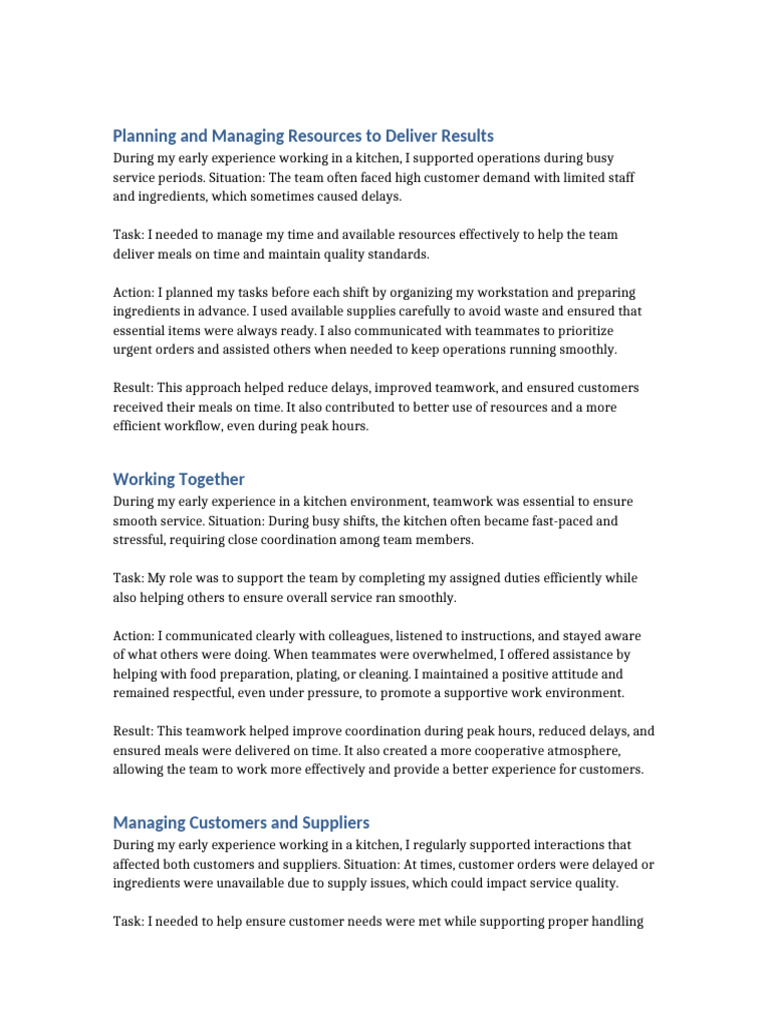 chef_competencies_STAR | PDF | Customer | Kitchen