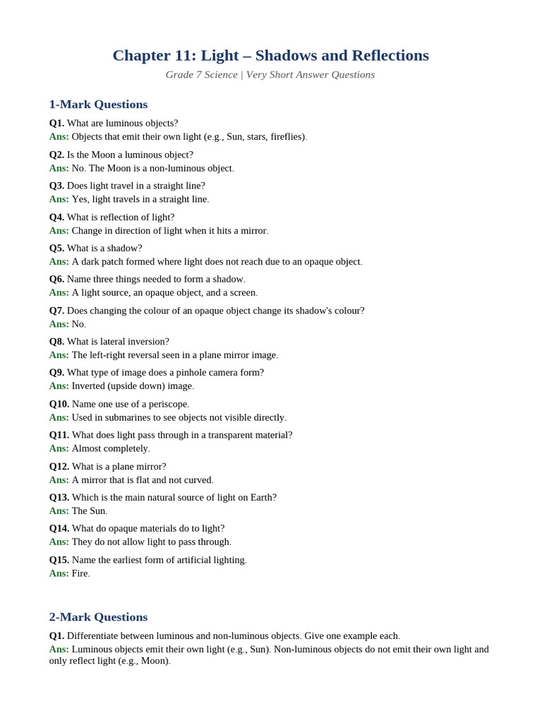 Ch11_Light shadow and Reflection Inside questions. | PDF | Shadow | Mirror