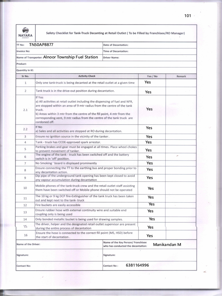 Safety Checklist- TT Decantation | PDF