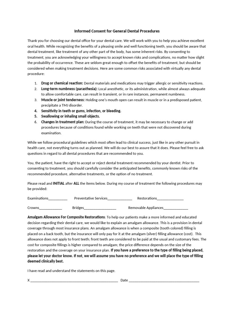 Informed Consent For General Dental Procedures | PDF | Dentistry ...