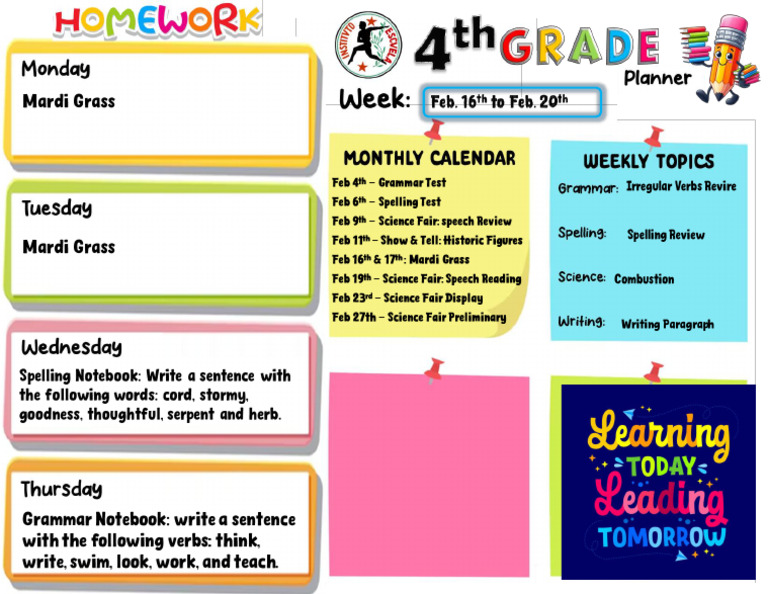 Homework - Feb 16th to 20th - 4th Grade | PDF