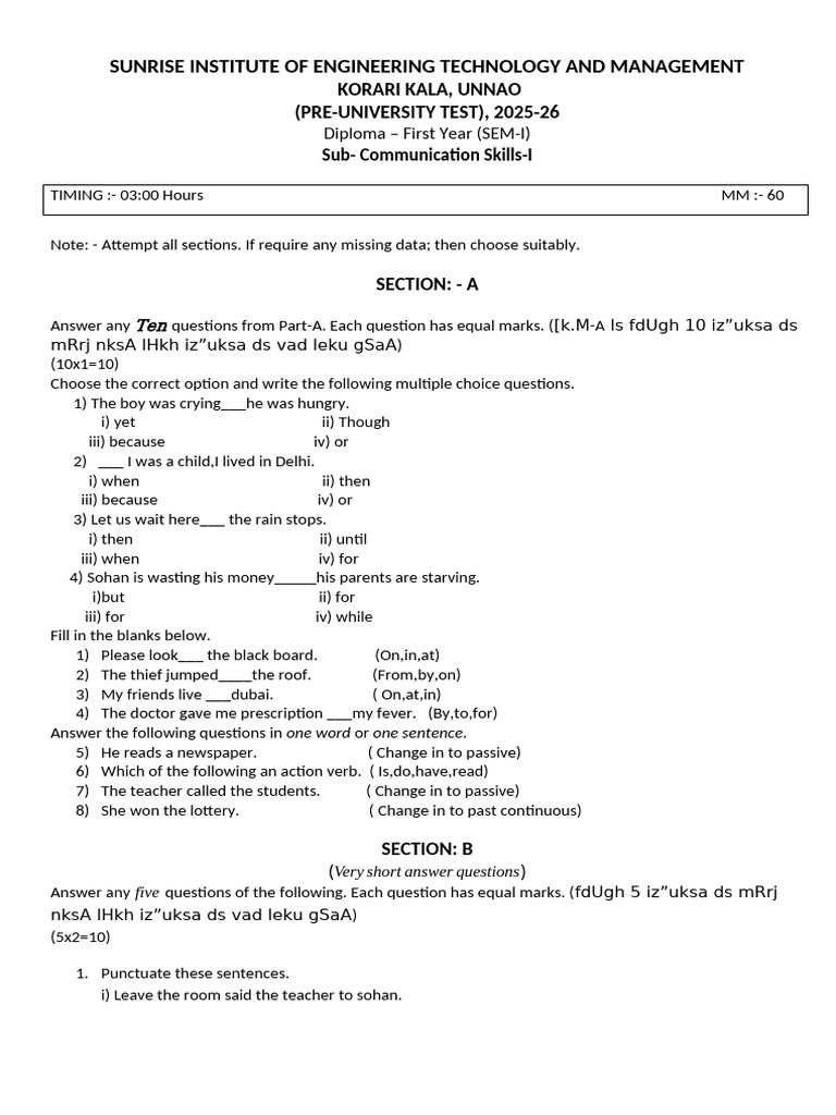 Diploma 1 Year Question Paper Communication Skills | PDF | Linguistics