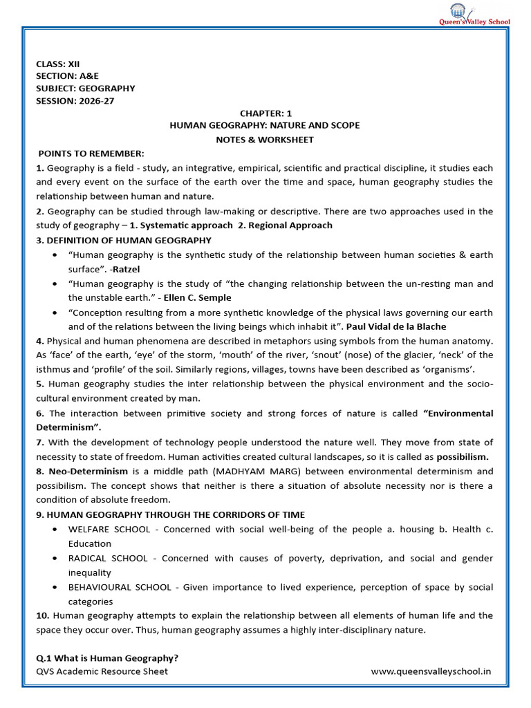Human Geography Nature and Scope_ Notes & Worksheet | PDF