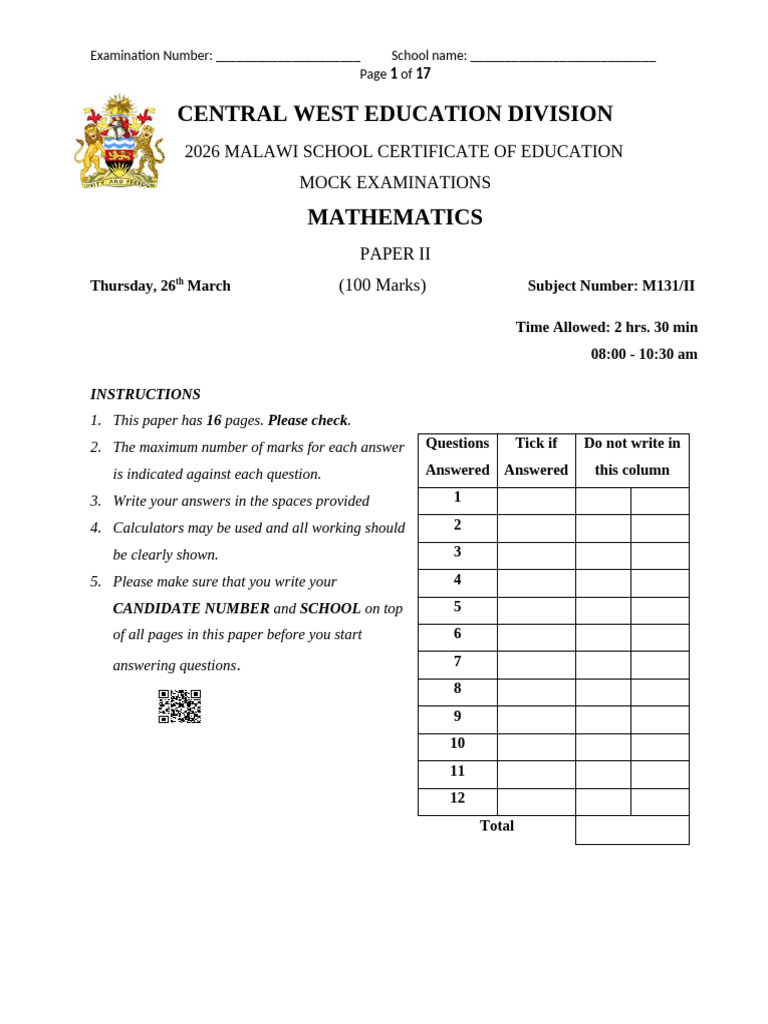 Mathematics Paper 2 2026 Cwed Mock Merged | PDF