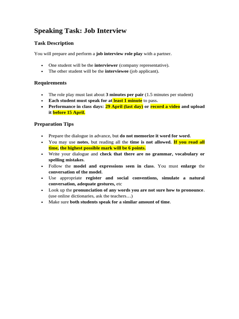 Speaking Task. Job Interview (1) | PDF