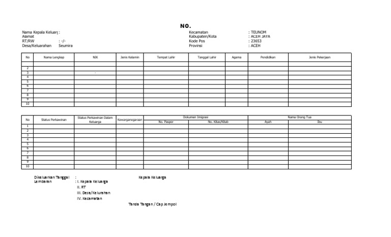 kartu  keluarga  kosong  kartu  keluarga  kosong