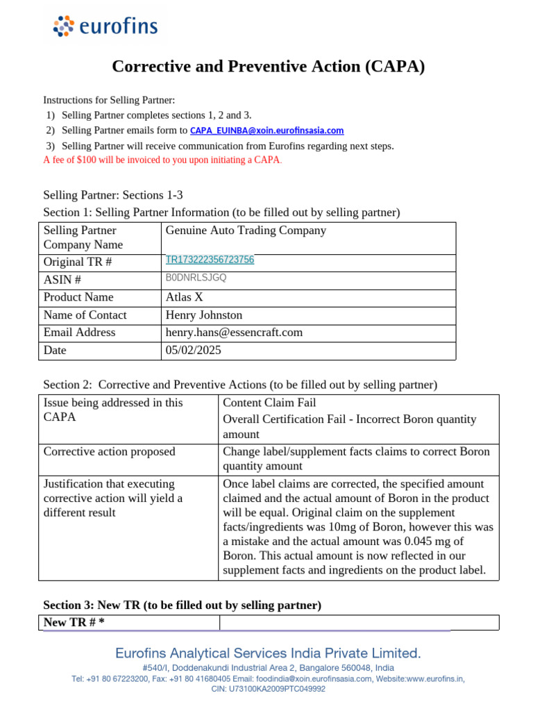Amazon Eurofins India CAPA Form | PDF