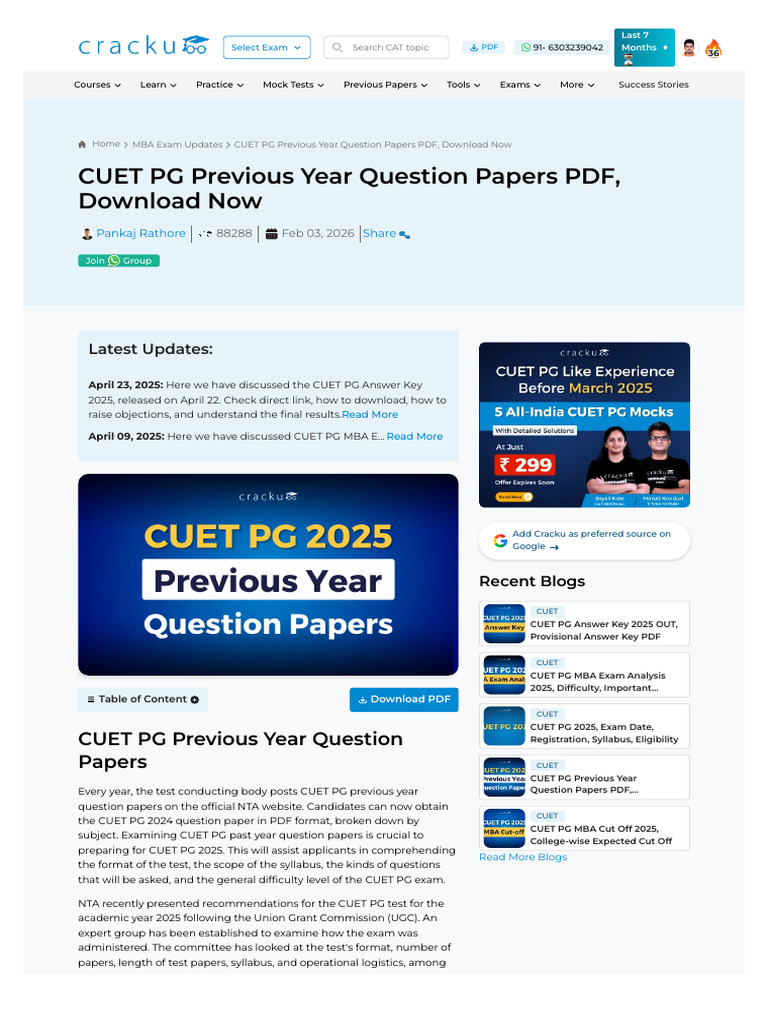 CUET PG Previous Year Question Papers PDF, Download Now | PDF