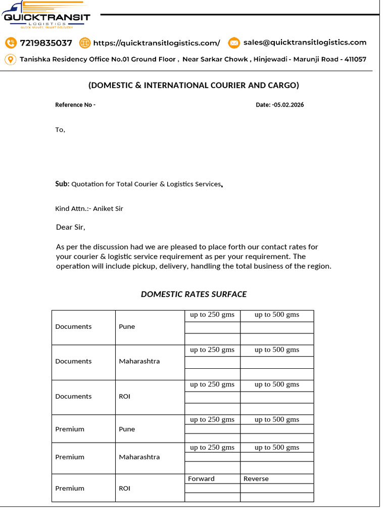 Quick Transport Quotation Format (1) (1) | PDF