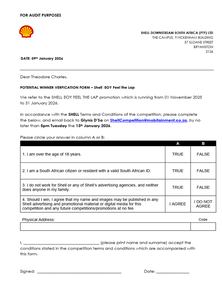 Potential Winner Verification Form_Shell Feel the Lap Competition ...