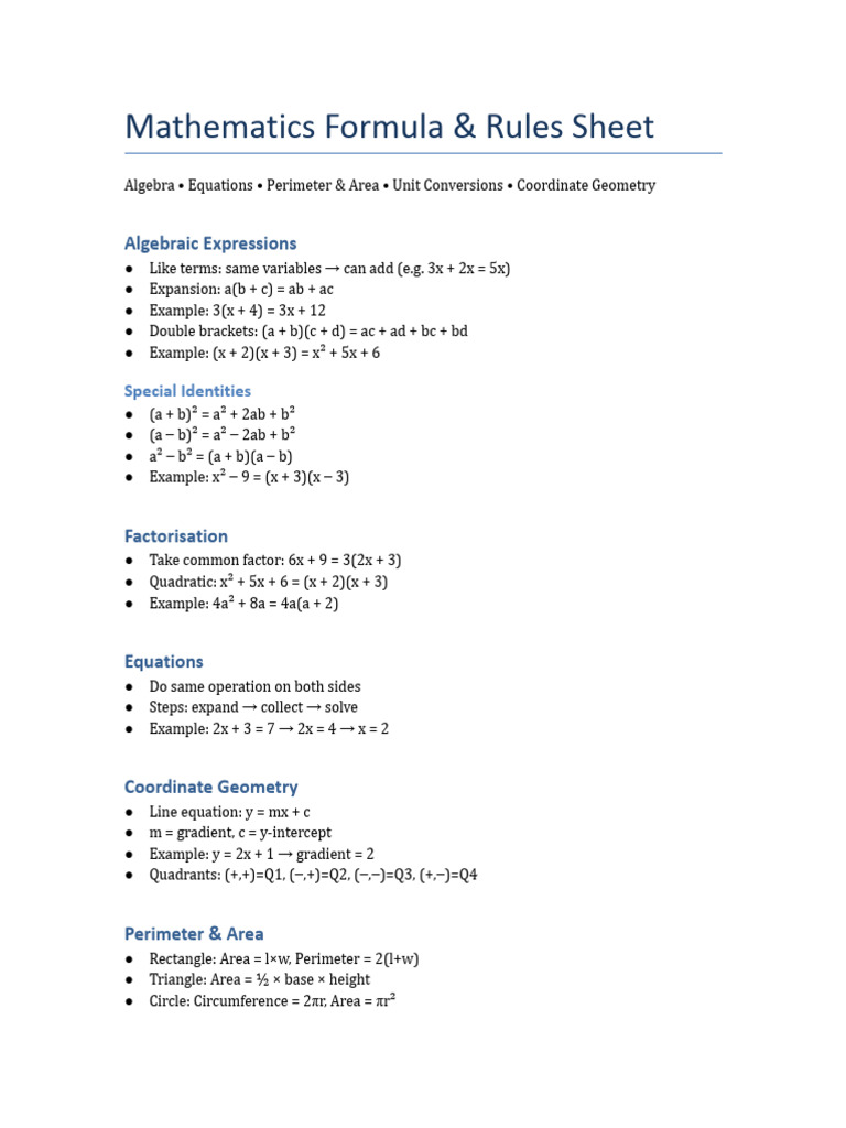 Maths Formula Sheet | PDF