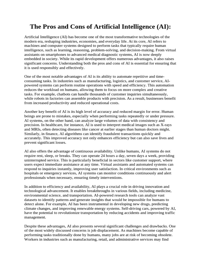 The Pros and Cons of Artificial Intelligence | PDF