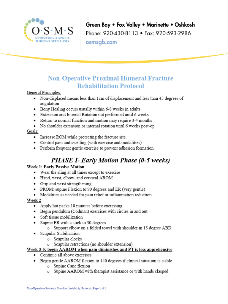 Non Op Proximal Humeral Fracture Rehabilitation Protocol | PDF