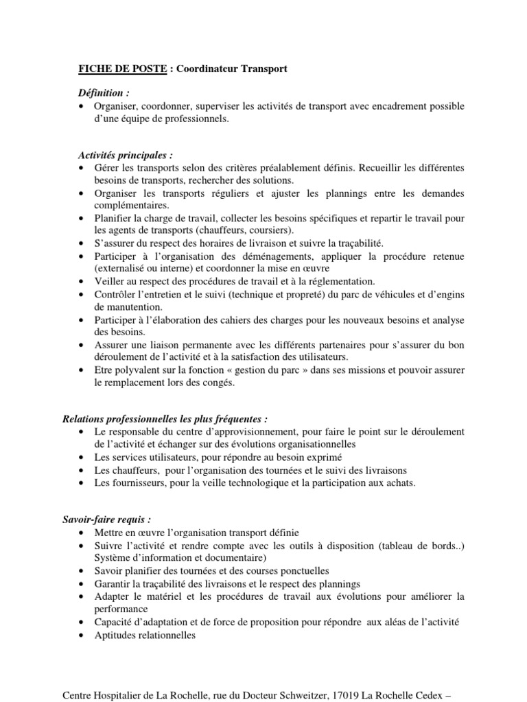 Fiche de Poste Coordinateur Transport  Transport  Technologie