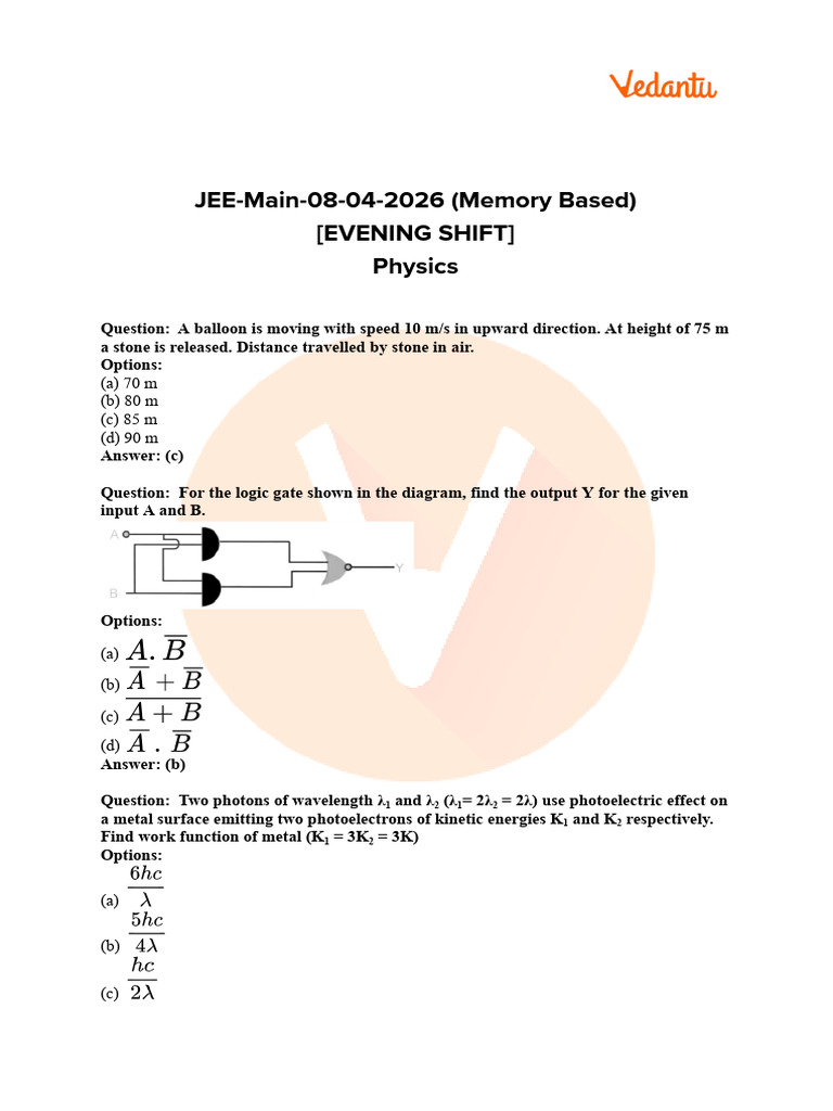 JEE Main 8 April Shift 2 Physics Question Paper 2026 With Solutions PDF ...