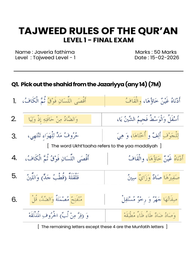 Javeria Fathima - Tajweed Level 1 Final Exam | PDF | Quran | Islam