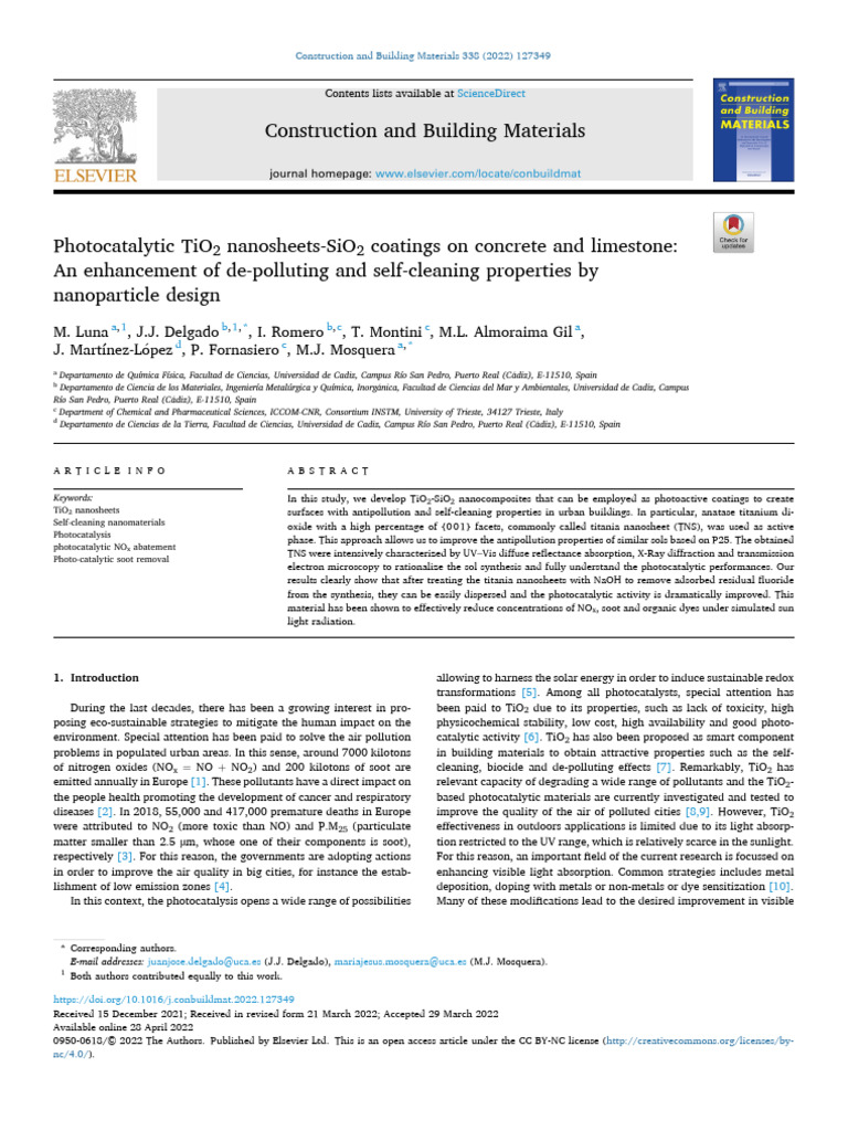 Photocatalytic TiO2 nanosheets-SiO2 coatings on concrete | PDF ...