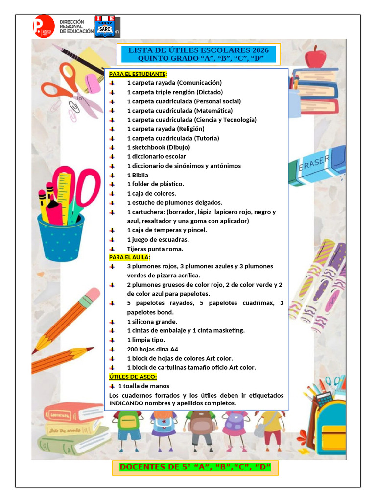 Lista de Útiles Escolares 2025 5to Grado | PDF