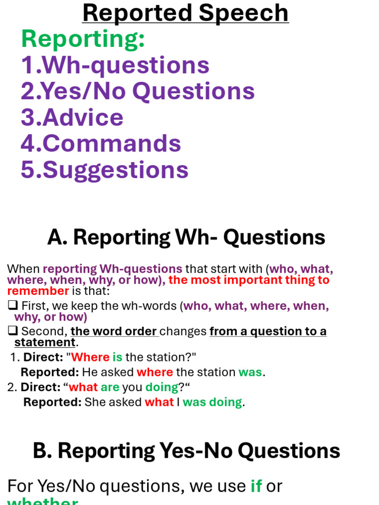 Reported Speech Advice Commands Suggestions Questions | PDF | Question ...