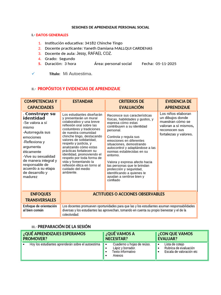 SESIONES DE APRENDIZAJE PERSONAL SOCIAL Autoestima | PDF