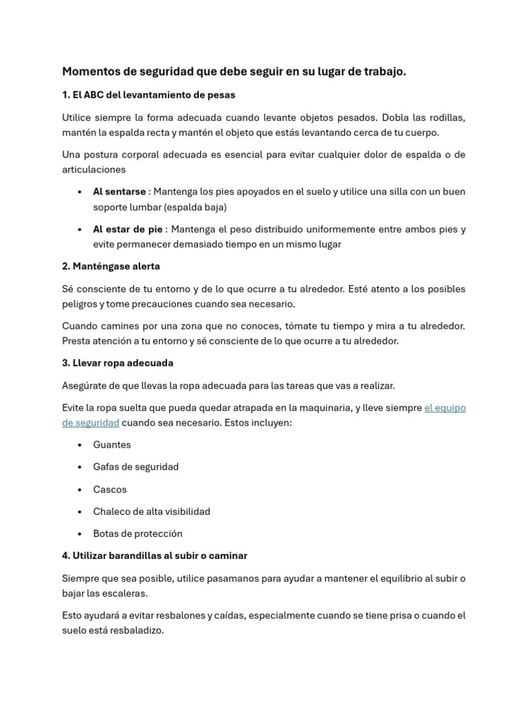 Momentos de Seguridad Que Debe Seguir en Su Lugar de Trabajo | PDF