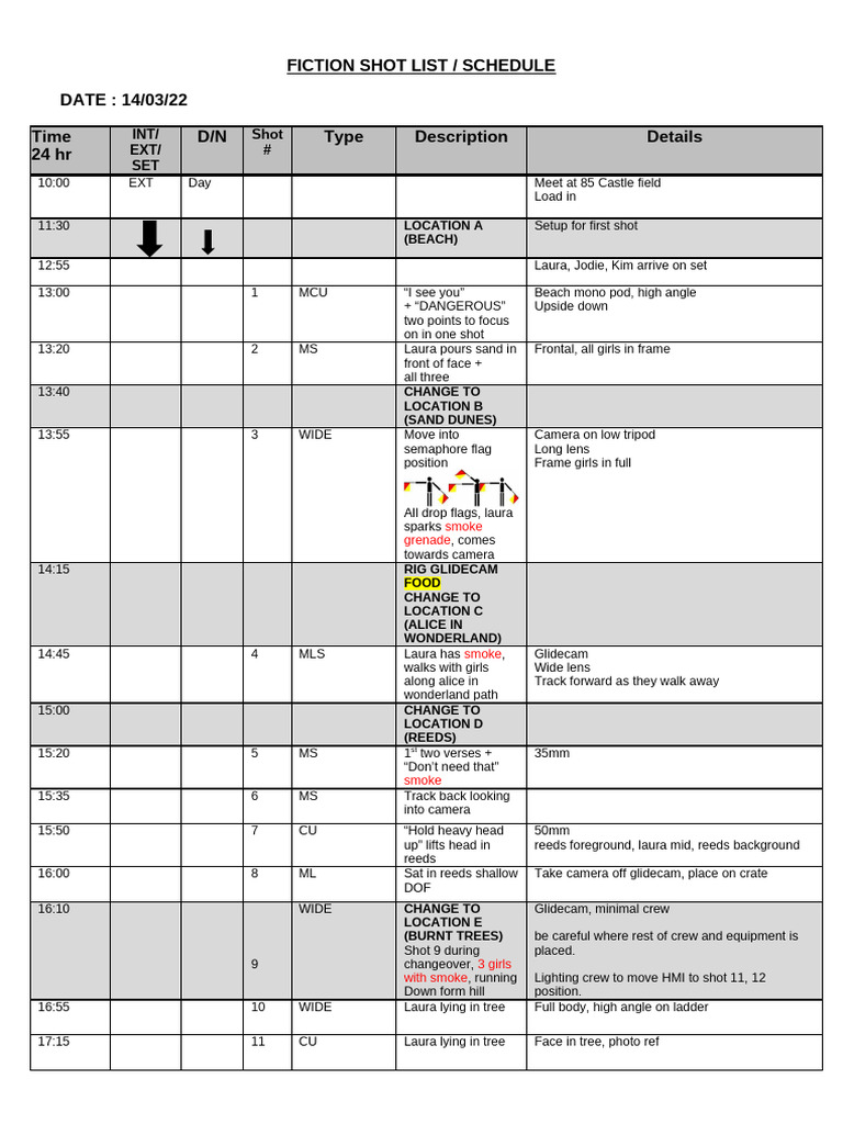 Shooting Schedule Example 4 Shot List & Schedule (2) | PDF ...