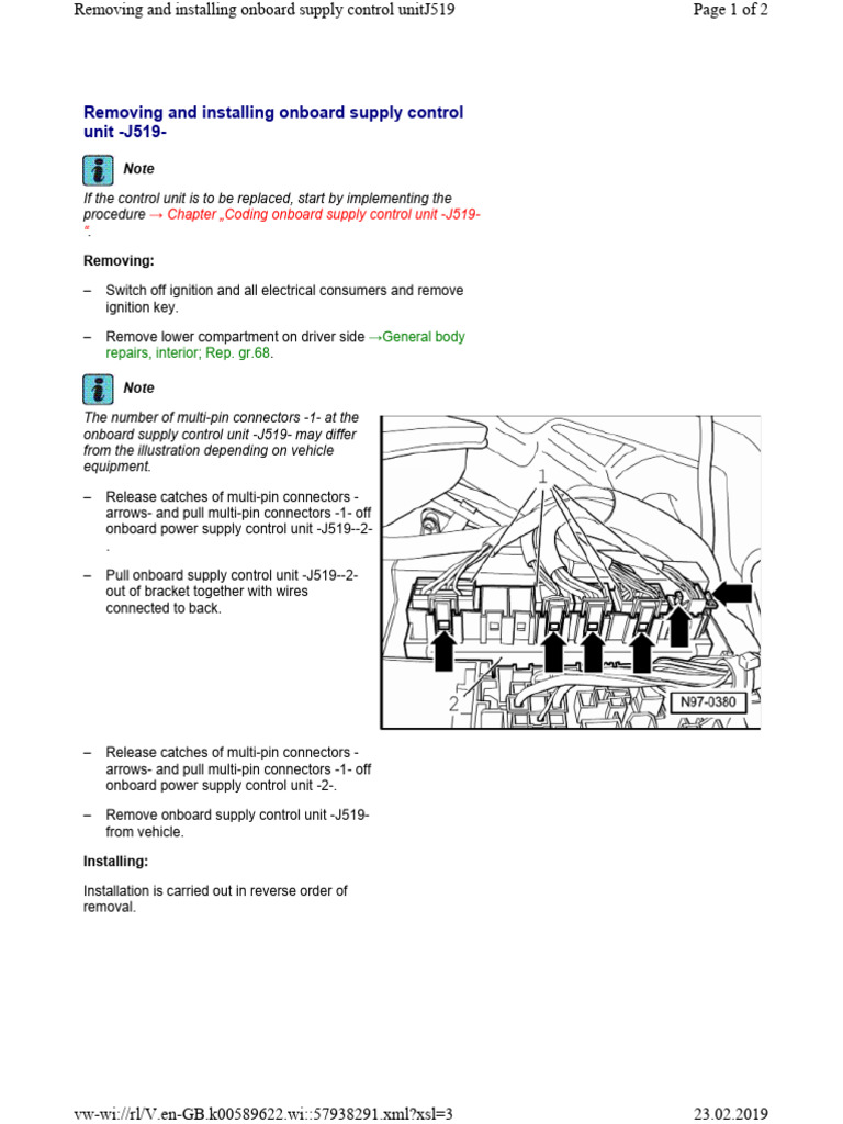 Removing and Installing Onboard Supply Control Unit -J519 | PDF