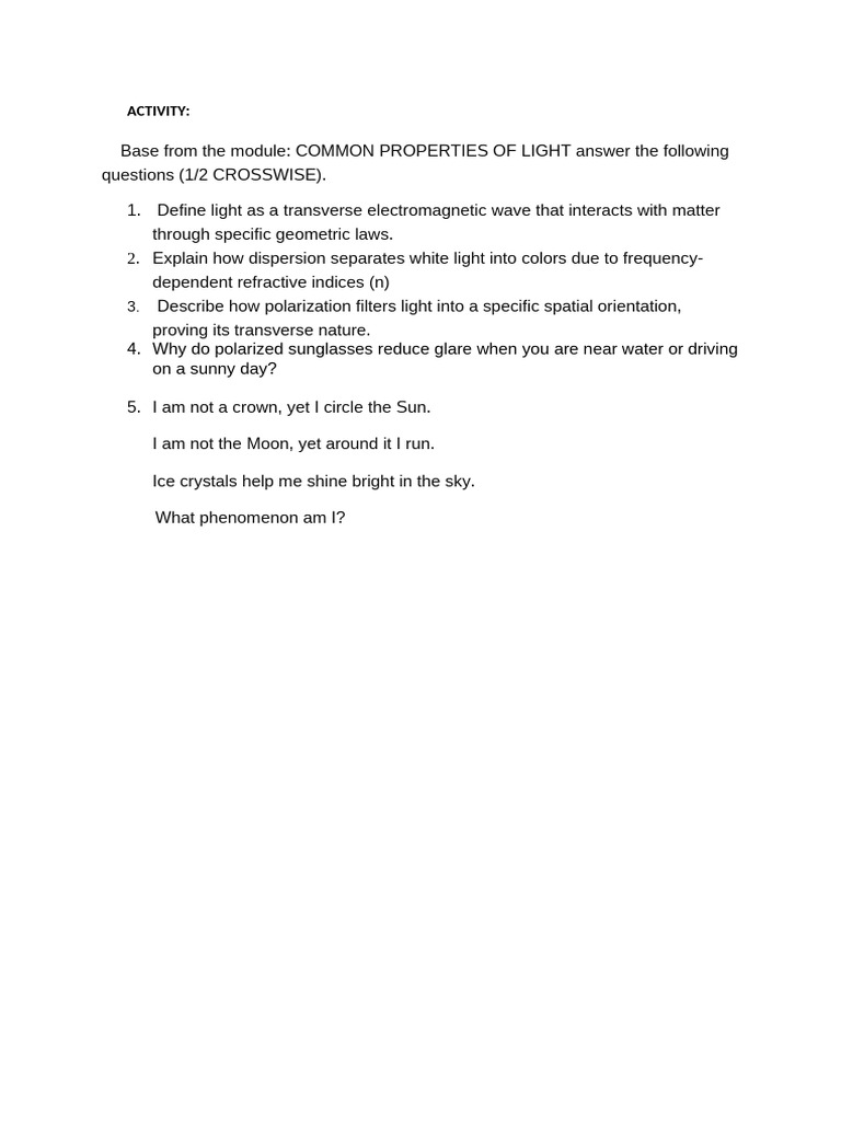ACTIVITY Common Properties of Light Grade12STEM (1) | PDF