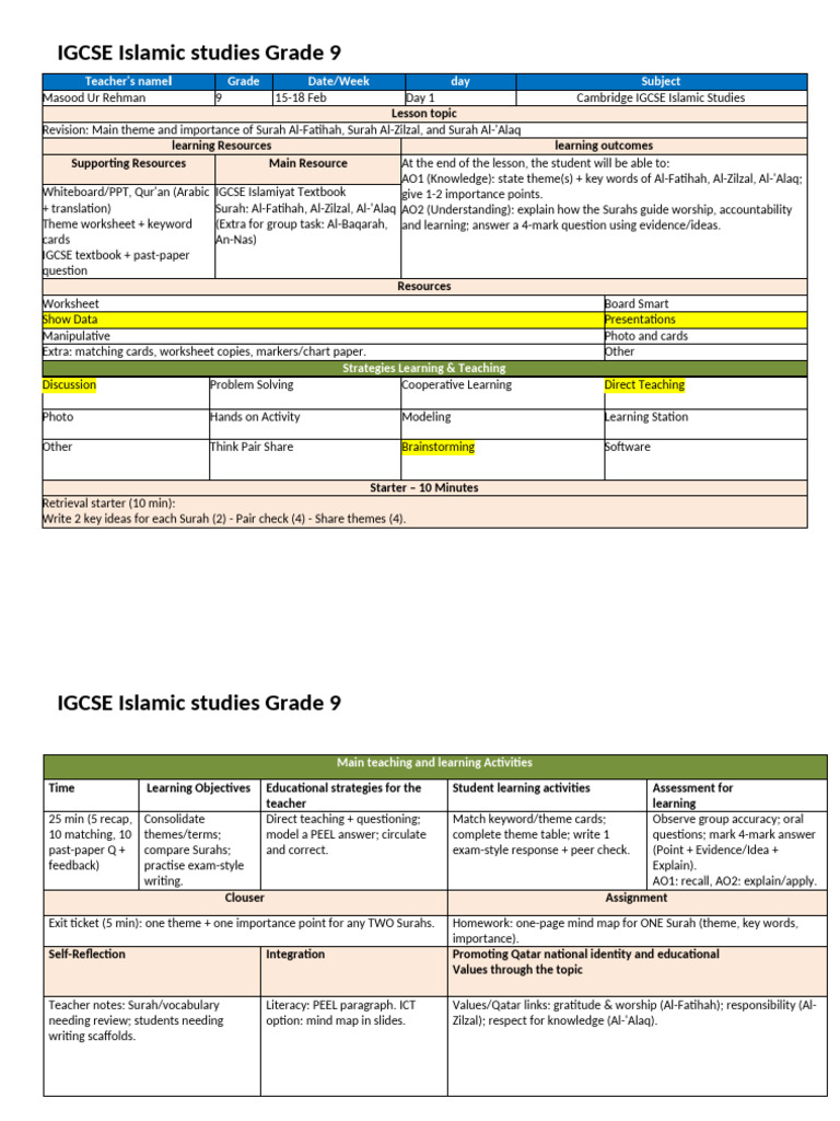 Two-Day Lesson Plan IGCSE Islamic Studies Grade 9 | PDF | Surah | Learning