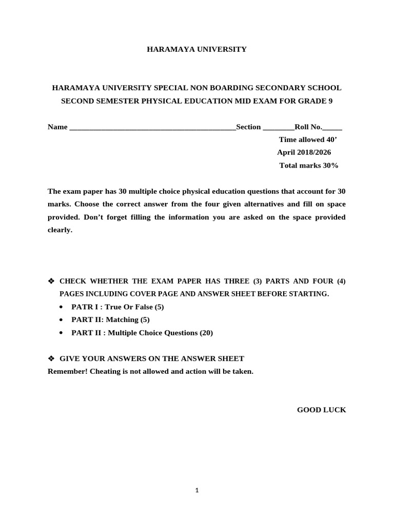 Grade 9 Second Seme Mid 2018 | PDF | Association Football | Multiple Choice