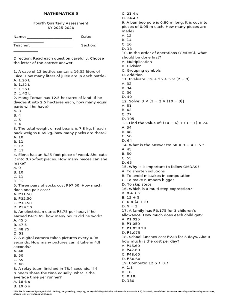 MATHEMATICS 5 Fourth Quarterly Assessment SY 2025-2026 DepEdClick | PDF ...